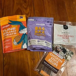 2 Brand New Never Open Bark Box Treats and 2 bags Bark Box Chew Sticks